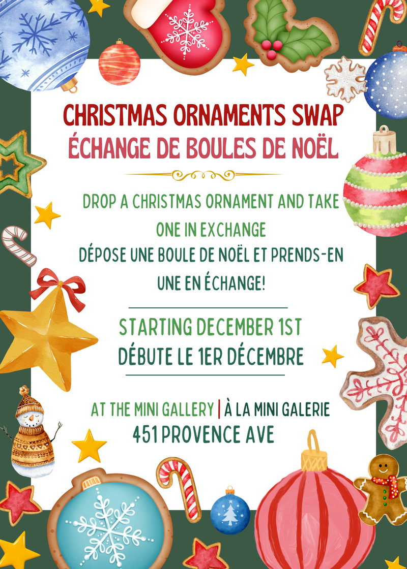 Promotional image for the Christmas Ornaments Swap event at the Mini Gallery, featuring holiday-themed decorations such as ornaments, cookies, and festive text.