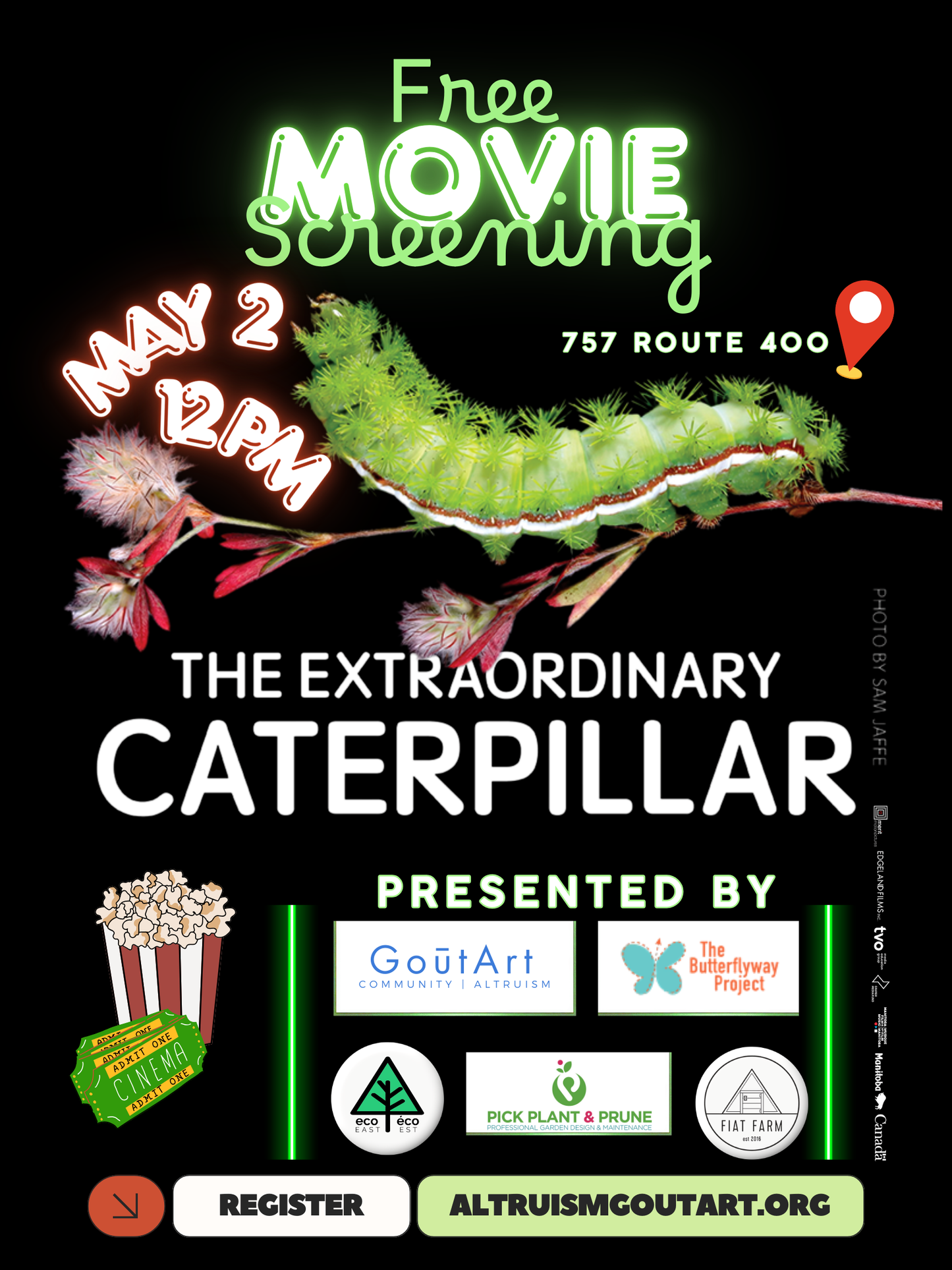 Promotional poster for a free movie screening featuring a caterpillar on a black background.