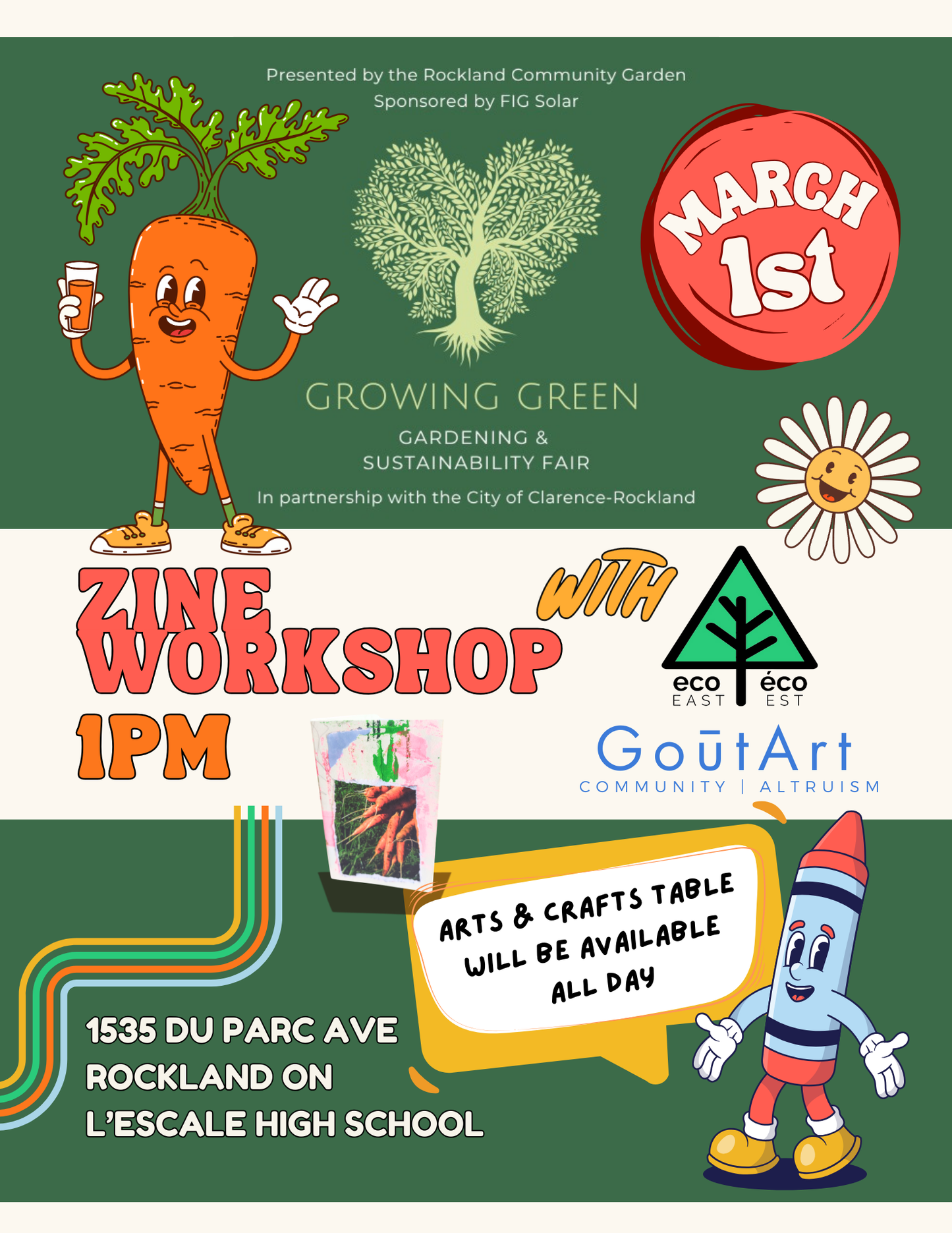 Promotional poster for a gardening and sustainability fair with cartoon carrot and crayon character on a green background. Being in the Moment, Zine Workshop, Growing Green Rockland, Sustainability 
