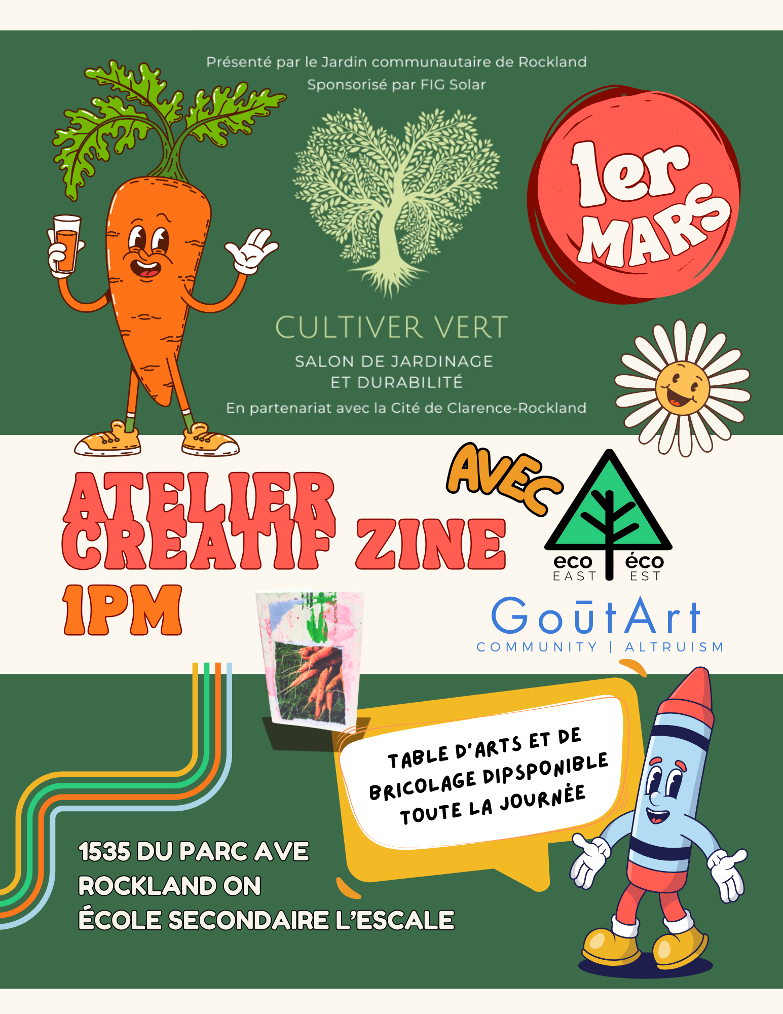 Promotional poster for a gardening and sustainability event with cartoon carrot and crayon character on a green background. Being in the Moment, Zine Workshop, Growing Green Rockland, Sustainability 