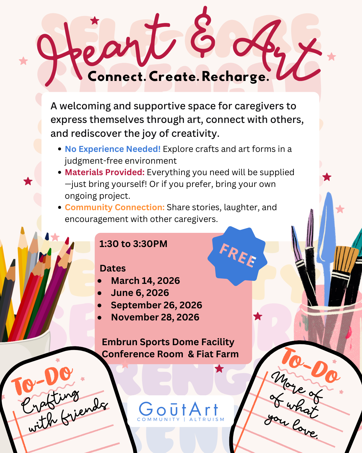 Promotional flyer for 'Heart & Art' event with art supplies and event details.