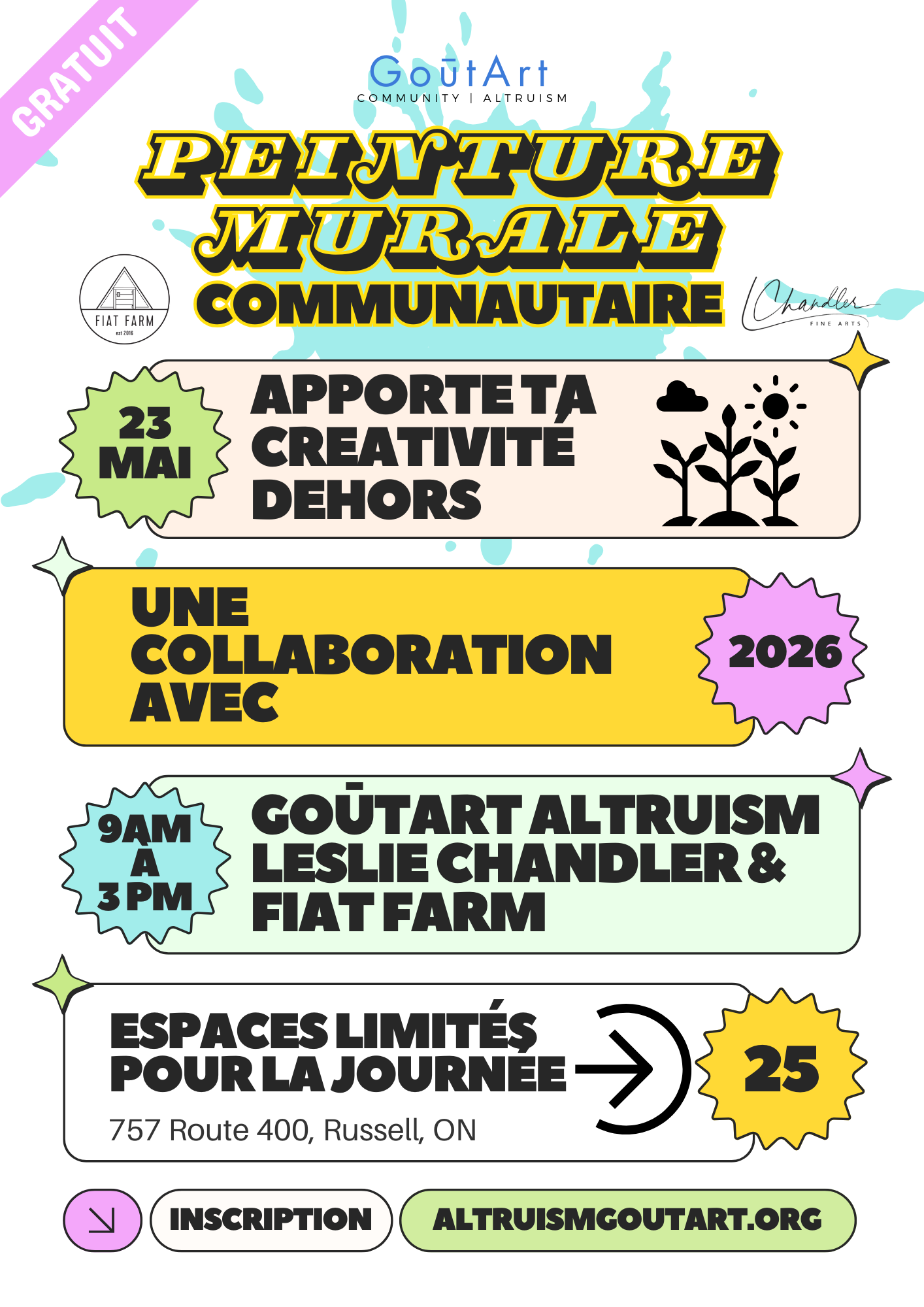 Promotional poster for a community mural painting event with text and logos.