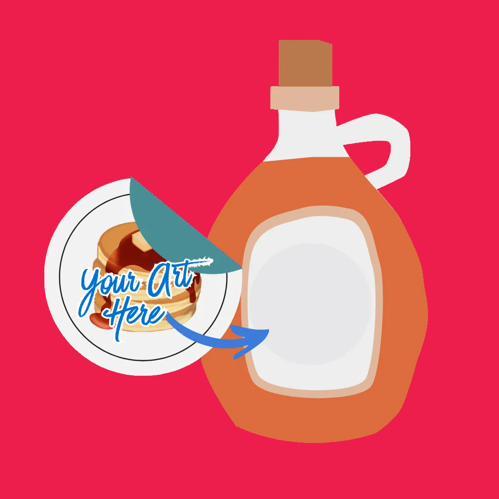 Maple syrup bottle with a pancake graphic and 'Your Art Here' text on a white background